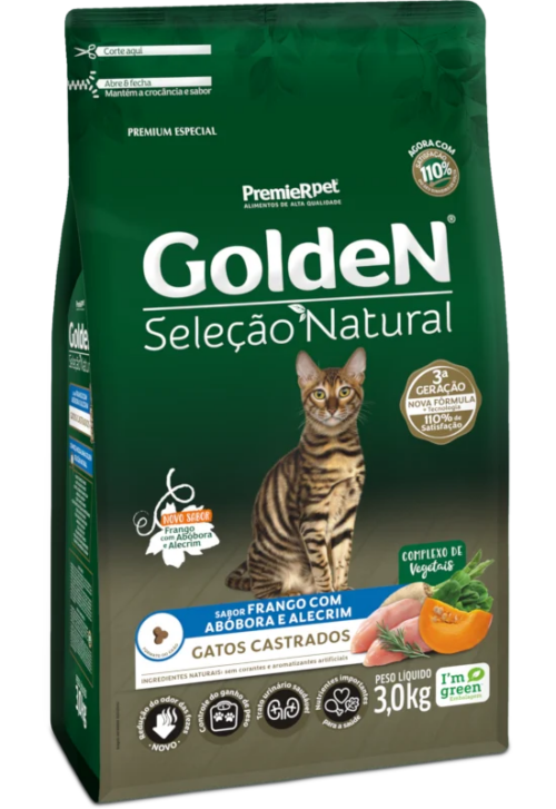 Ração Golden Seleção Natural para Gatos Adultos Castrados Sabor Frango com Abóbora e Alecrim