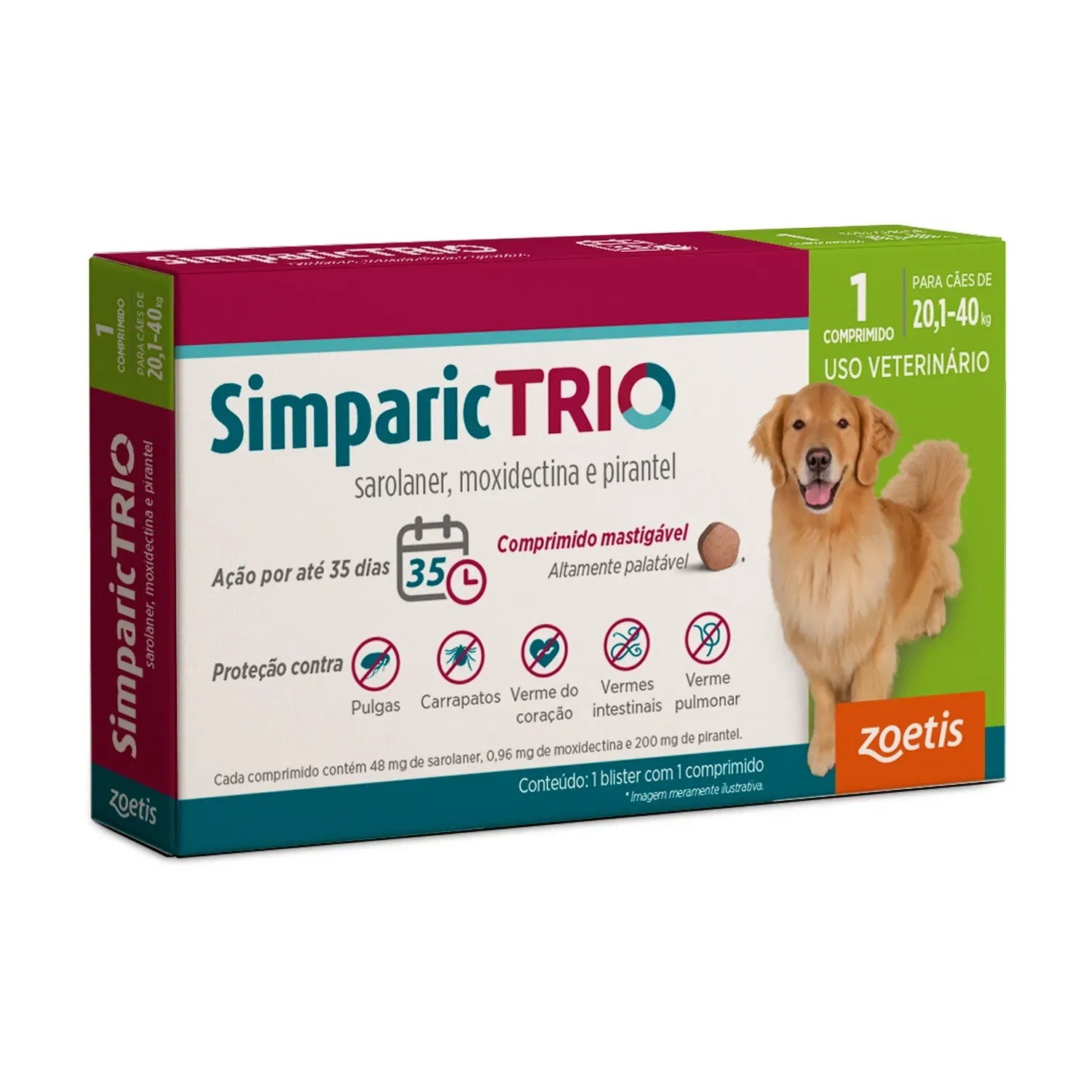 Antipulgas Simparic Trio 48mg para Cães de 20,1 a 40kg – 3 Comprimidos