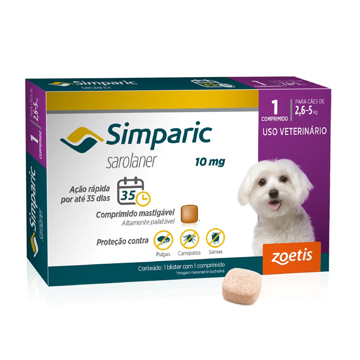 Antipulgas Simparic 10mg para Cães de 2,6 a 5kg – 1 e 3 Comprimidos