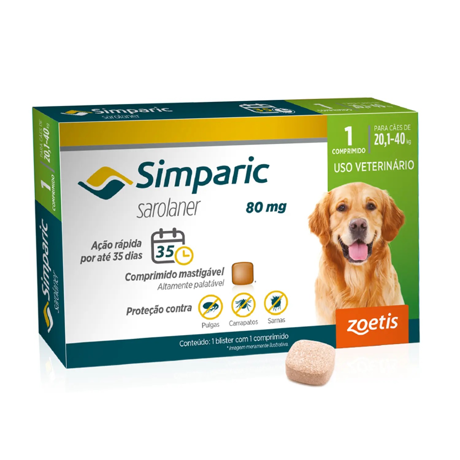 Antipulgas Simparic 80mg para Cães de 20,1 a 40kg – 3 Comprimidos