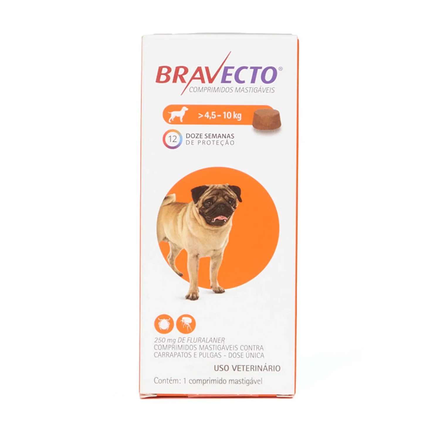 Bravecto Antipulgas e Carrapatos 4,5 a 10 kg para Cães 250 mg – 1 Comprimido