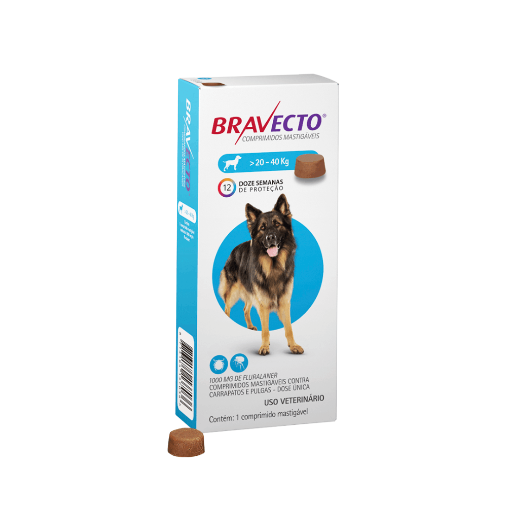Bravecto Antipulgas e Carrapatos 20 a 40 kg para Cães 1000 mg – 1 Comprimido