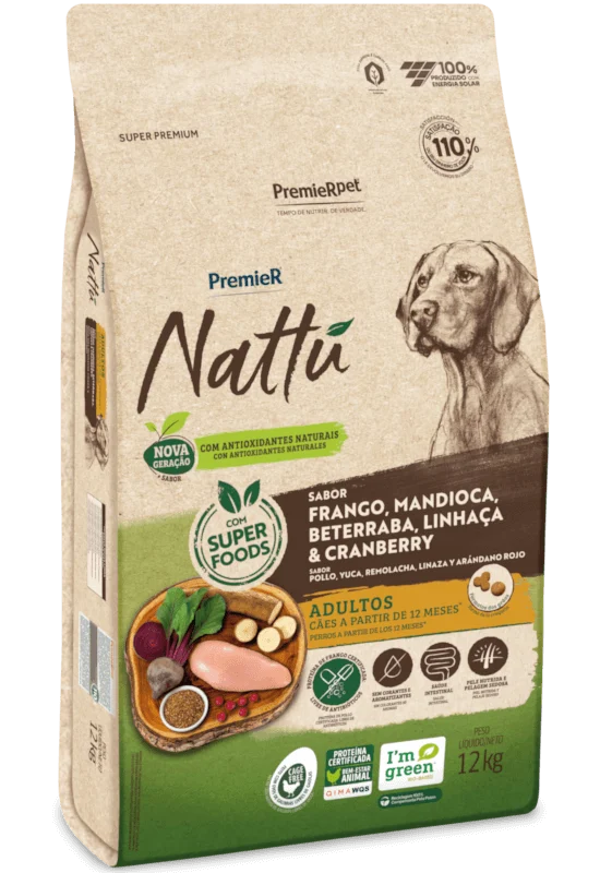 Ração Premier Nattu para Cães Adultos Sabor Mandioca 12kg