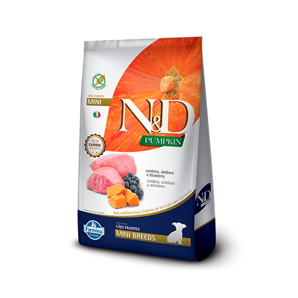 Ração N&D Pumpkin para Cães Filhotes de Raças Mini Sabor Cordeiro, Abóbora e Blueberry