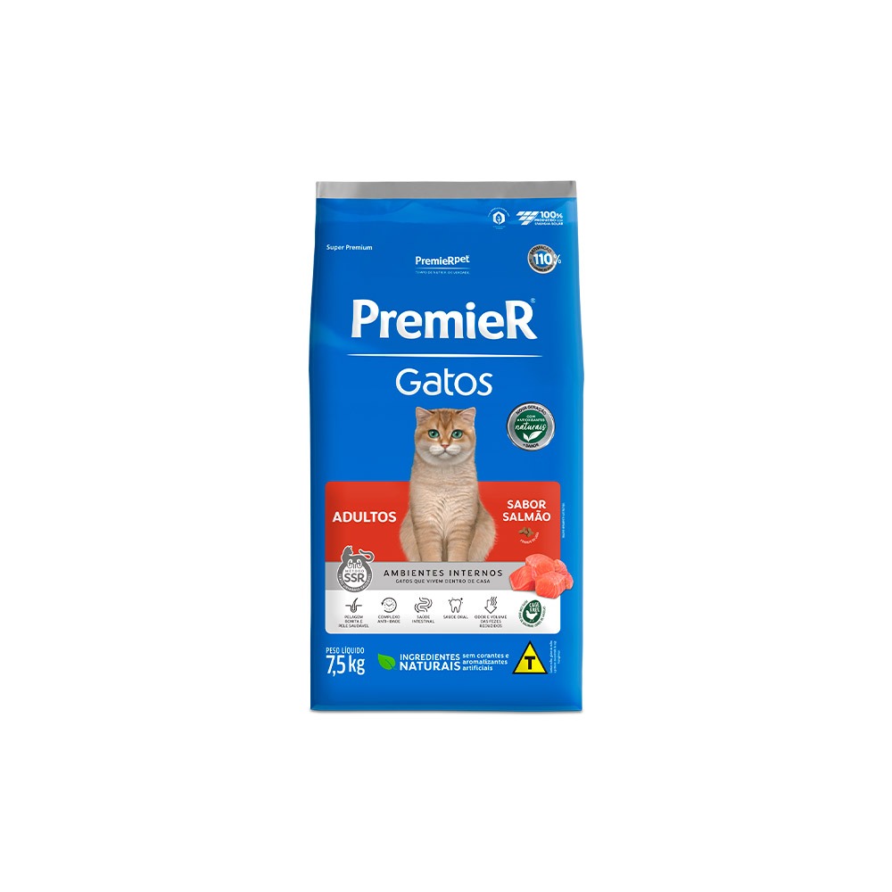 Ração Premier Ambientes Internos para Gatos Adultos Sabor Salmão